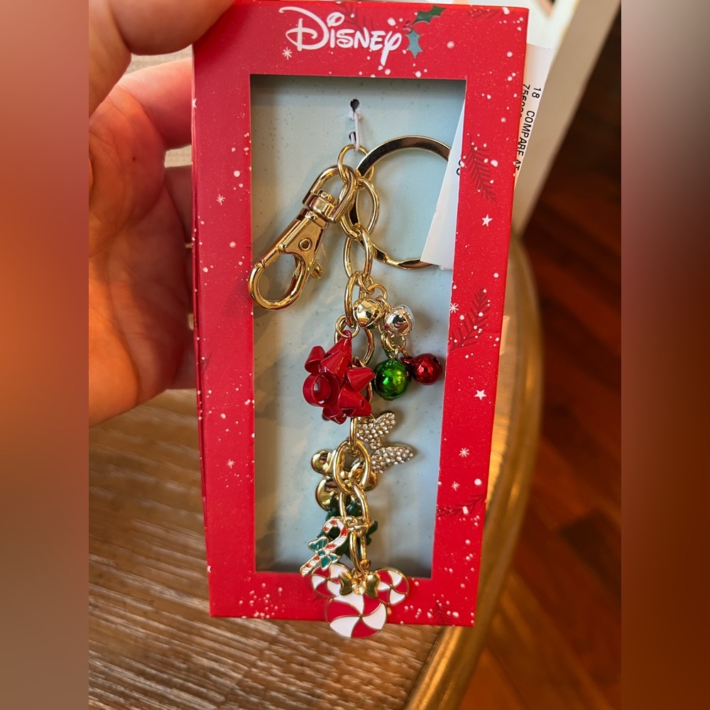 Disney Christmas Mickey and Minnie Gold and Red Keychain with Charms